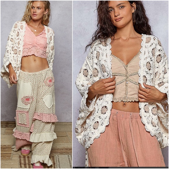 POL Chenille Open Front Loose Fit Crochet Batwing Sleeve Cardigan - Picture 1 of 5